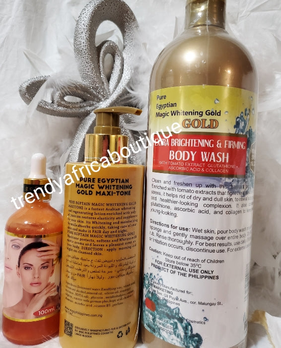 3pcs set Pure Egyptian whitening Gold maxitone face and body lotion, xtra whitening shower gel & Boster activator multi vitamin whitening serum 100ml