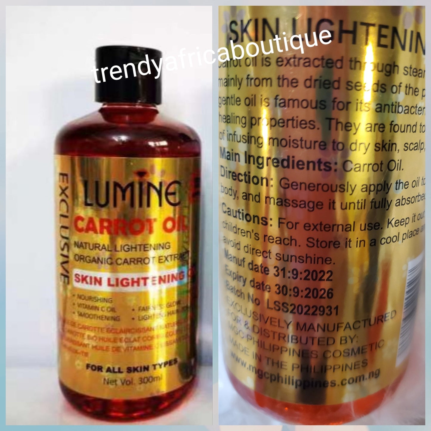 Exclusive Lumine carrot Lightening body oil, natural fairness skin Glowing with Vitamin C 300ml x 1