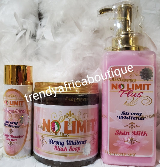 3pcs set perfect combo:No Limit plus lightening body milk, plus black soap and no limit whitening booster serum/oil new package!! Serum