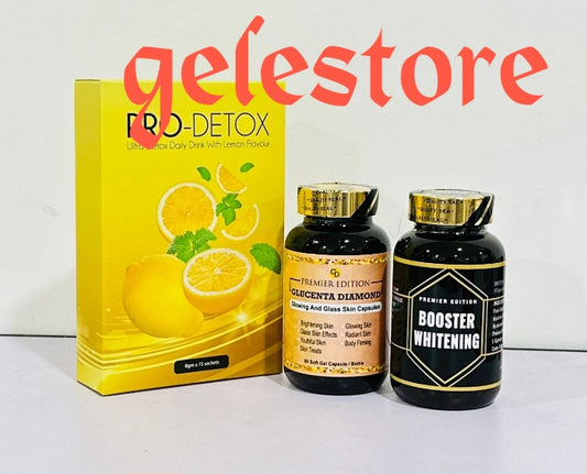 3pcs set: GLUCENTA DIAMOND+ BOOSTER+ Pro DETOX with lemon flavor whitening supplements. Premier edition. Skin Whitening, glowing and brightening duo. 50 capsules each in each bottle.