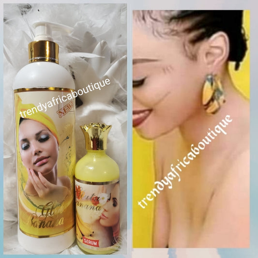 ORIGINAL GLUTA Banana body lotion 500ml and serum set, skin whitening and glowing serum/oil with AHA & vitamins 100ml x1. Gives you that yellow undertone