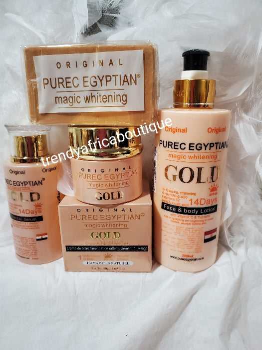 4 in 1 set. NEW ORIGINAL Purec Egyptian Whitening Lotion, Purec ORGANIC FORMULAR serum 120ml,  face cream and soap L-Glutathion, Tumeric, AHA, KOJIC