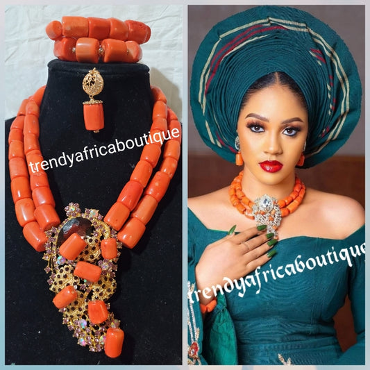 New arrival 4pcs coral-necklace set. Latest 2 rows Nigerian celebrant beaded necklace set, 2 bracelet, Classic pendant with brown stones + coral accent.  A rear find. EDO CORAL FOR TRADITIONAL WEDDINGS/EVENT