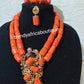 New arrival 4pcs coral-necklace set. Latest 2 rows Nigerian celebrant beaded necklace set, 2 bracelet, Classic pendant with brown stones + coral accent.  A rear find. EDO CORAL FOR TRADITIONAL WEDDINGS/EVENT