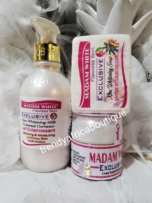3pcs set: Madam white  flawless skin. Universal corrector. Body milk, face cream & face soap.  Xtra whitening milk for all skin type. Universal corrector,