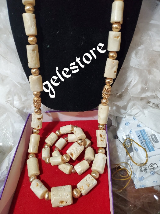 UNISEX Off white Authentic Long 29" Edo/igbo traditional wedding/Ceremonial coral beaded-necklace set.  Includes  2 bracelet. Sold as a set, price is for set. Chunky beads from MOTHERLAND.