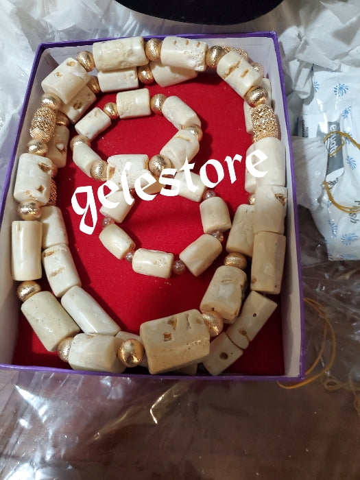 UNISEX Off white Authentic Long 29" Edo/igbo traditional wedding/Ceremonial coral beaded-necklace set.  Includes  2 bracelet. Sold as a set, price is for set. Chunky beads from MOTHERLAND.