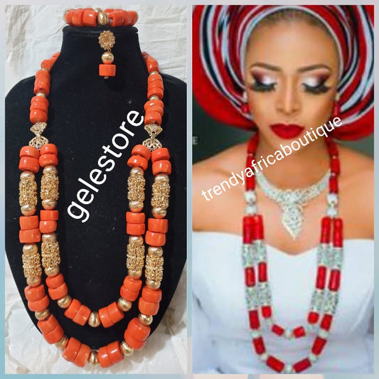 2 long rows Edo coral-necklace set. Traditional Bridal wedding Coral beads+earrings and Bracelets. Exclusive Nigerian Native bead design with gold accessories sold per set. Bridal-accessories