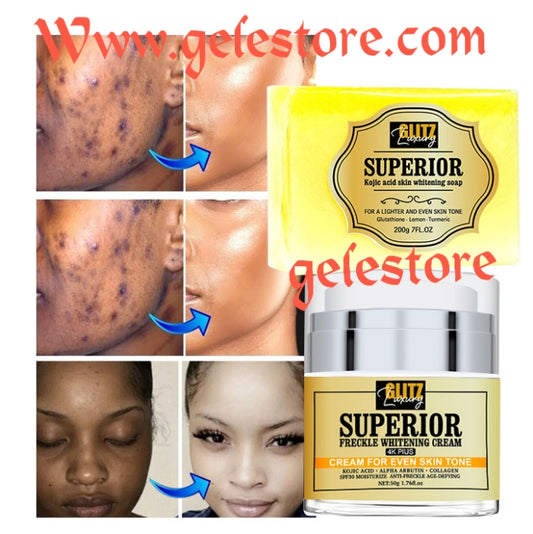 New products alert: 2in 1 Glitzluxury superior anti freckles whitening face cream 4K Plus.Spf 30. Anti-aging, even skin tone 50gx 1and Kojic acid whitening soap for face & body