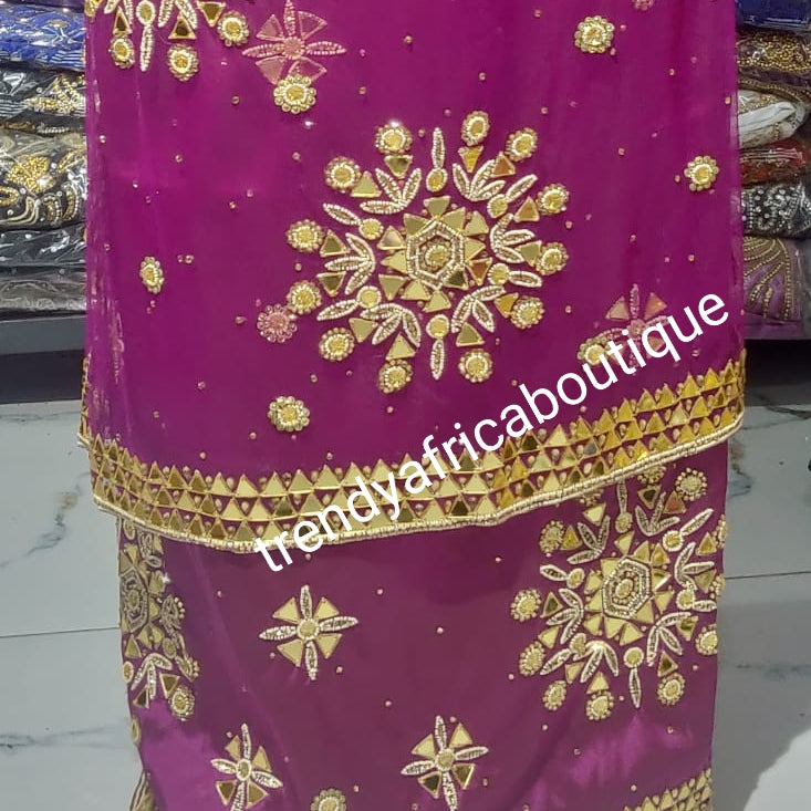 Magenta wrapper 2.5yds net + 2.5yds taffeta + matching net blouse, top quantity hand beaded and stoned to perfection.Nigerian/Igbo/Delta Traditional George magenta wrapper set.