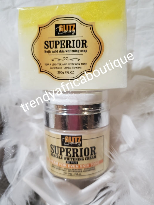 New products alert: 2in 1 Glitzluxury superior anti freckles whitening face cream 4K Plus.Spf 30. Anti-aging, even skin tone 50gx 1and Kojic acid whitening soap for face & body