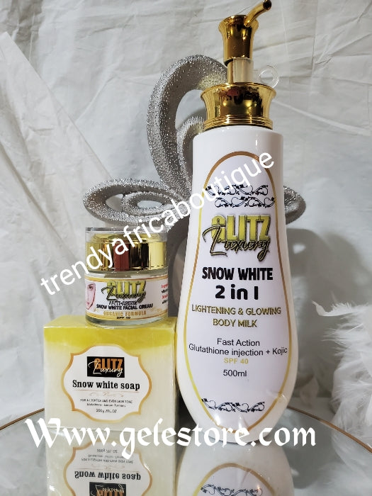 New banga alert: 4pcs set; Glitz luxury SNOW WHITE body lotion, snow w Trendy Africa Boutique New banga alert: 4pcs set; Glitz luxury SNOW WHITE body lotion, snow w Trendy Africa Boutique