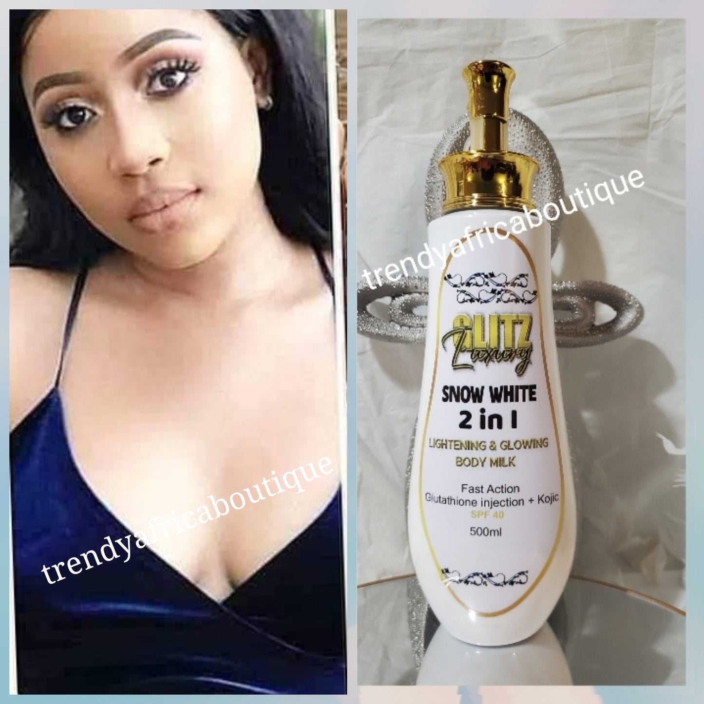 NEW PRODUCT ALERT: Glitzluxury SNOW WHITE  2n1 anti-aging formula. Skin Repair,  Super lightening & glowing body milk. Fast action with glutathione injection & kojic acid. SPF 40 500mlx 1. Up to 2 shades lightening + glowing skin.clear SUN BURN FAST!!!