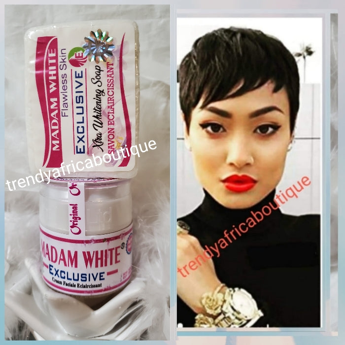 2 in 1: Streng original Madam White Exclusive aufhellende Gesichtscreme für empfindliche Haut + Xtra aufhellende Gesichtsseife. Neues Paket. 60g Multi-Action: Pickel- und Aknebehandlung
