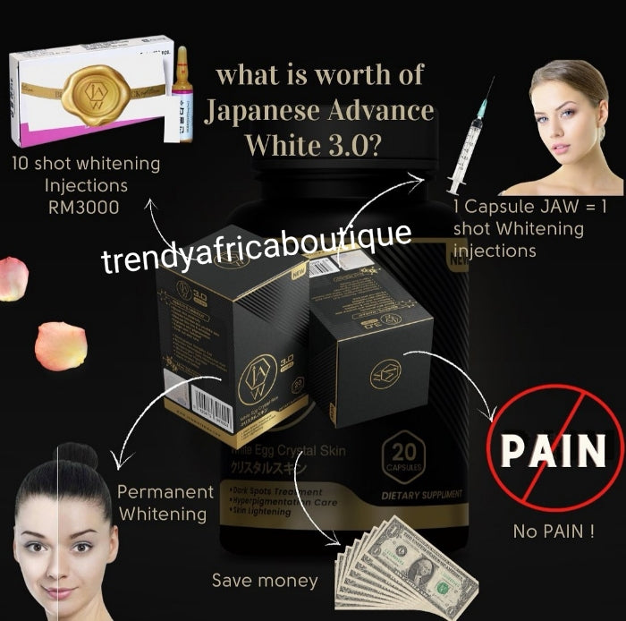 New product alert; Jaw white 3.0 egg Crystal skin. Japan advance white 3.0 formula. As strong as injection. clear skin supplements permanent whitening. 20 capsules/ bottle. Price is for one bottle ( from jaw black company)👌