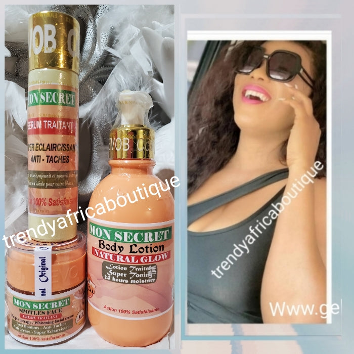 3pcs New package: Mon secret fast action Eclaircissant, whitening, brightening & glowing combo set. Anti black stains and marks. Body Lotion 300ml, serum 60ml& face cream 50g