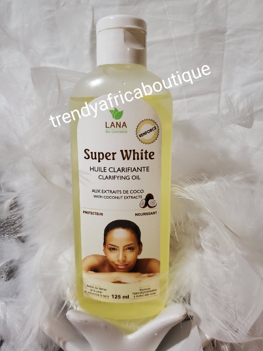 Lana Super White Clarifying body oil formulated with kojic acid, vit. E, Coconut oil for an even skin tone. 125ml x 1. Can mix into body lotion