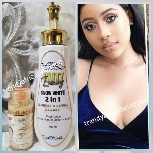 New product alert: 2pcs set; Glitz luxury SNOW WHITE body lotion super skin lightening & glowing milk with glutathione inj. Spf 40. PLUS Glutathion comprime concentre serum! FAST ACTION FLAWLESS MILKY WHITE COMPLEXION!!