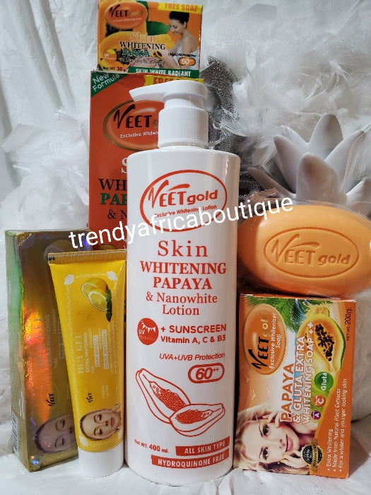 3pc. Set: Veet gold exclusive whitening body lotion, papaya & nano white, papaya soap and veetgold hot gel xtra whitening miracle cream. Body lotion is 400ml x1. HYDROQUINOUN FREE