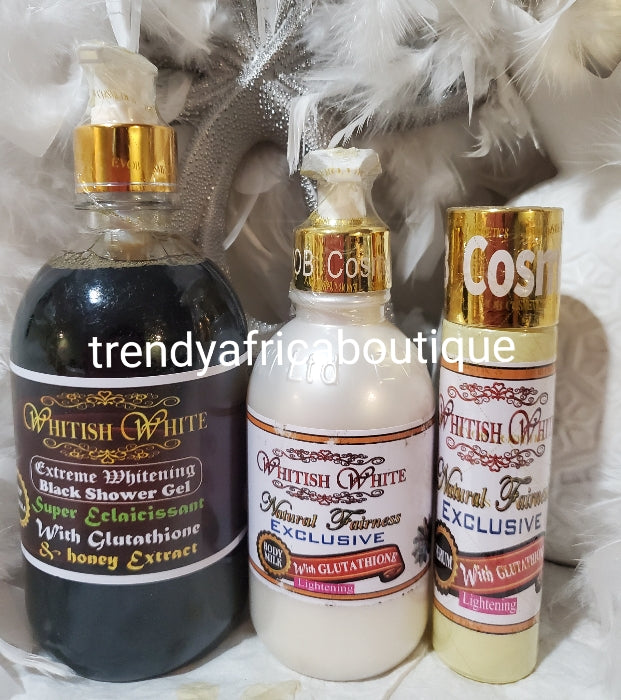 3pc set: whitish White exclusive Natural fairness body milk 250ml + whitish white strong serum/oil 50ml+ Whitish White black shower gel 500ml combo for a healthy flawless complexion