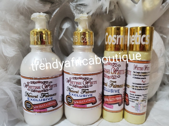 New packaging 4pcs set: EVOB whitish White exclusive Natural fairness  2 body milk 250ml each, 2 whitish white strong serum,  combo for a healthy flawless complexion