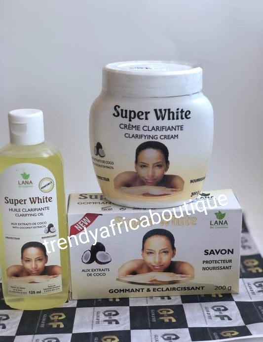 3pcs. Set: Lana Super White Clarifying body cream, oil, exfoliating soap set: formulated with kojic acid, vit. E, Coconut oil for an even skin tone.