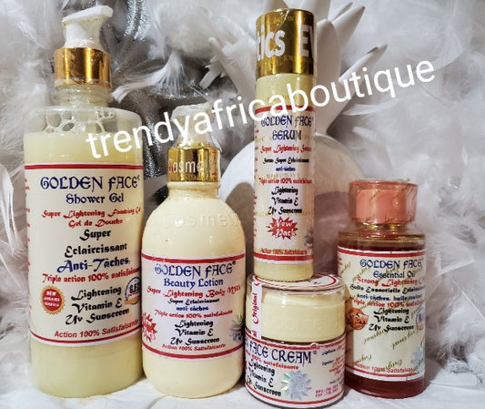 5pcs. Combo set: Original Golden face beauty milk 250ml, face cream,new pack serum 60ml,essential oil, & shower gel 500ml set for all skin type.
