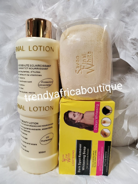 Authentic final body lotion. Anti ageing, anti marks, & spots + final white dark spots remover soap. 100% satisfaction results New advanced formula contains plant extracts that evens and maintain your natural skin tone.
