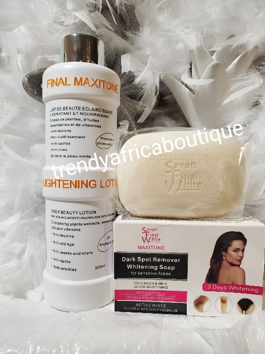 AUTHENTIC 2pcs set. Original final Maxitone lightening body lotion 500ml and dark spots remover soap 200gx 1 face cream and soap 200g. formulated with natural ingredients + plant extracts. You will be happy with your skin!