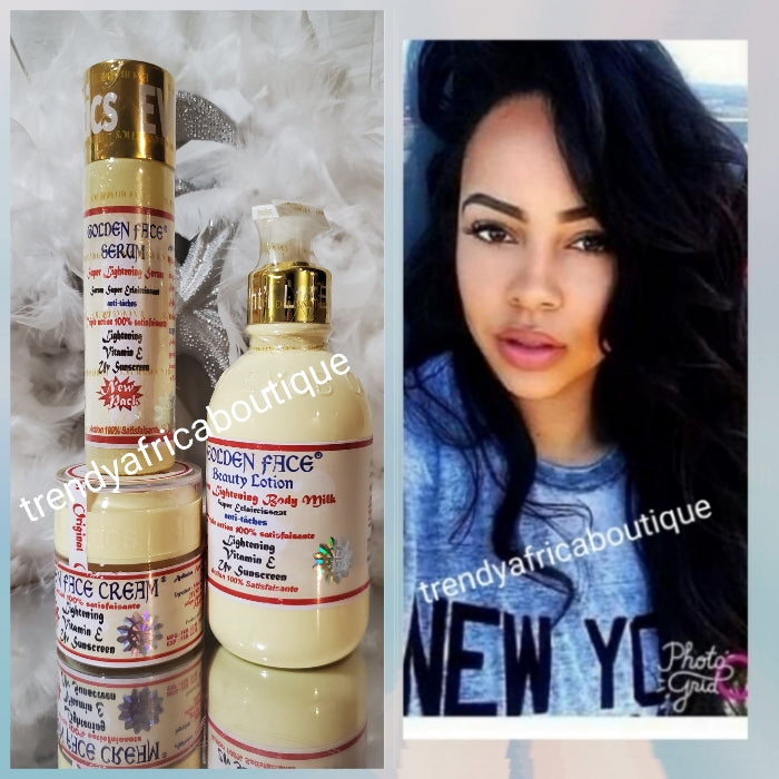 NEW packaging: Combo deal: Original Golden face whitening body milk 250ml x 2 bottles, serum x 2 bottlesand face cream x 2 jar.. Triple action body lotion with vitamin E and carrots extracts. Fades dark spot, acne, pimples. day and night.