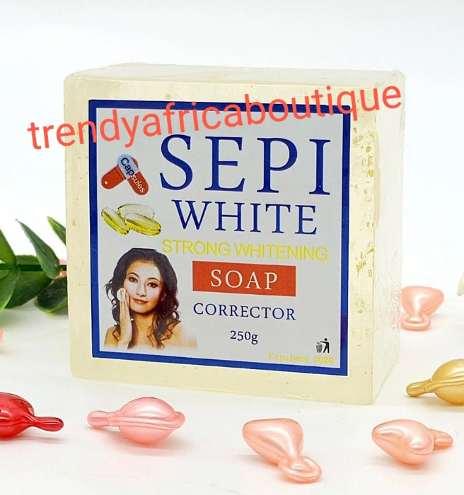 4-teiliges Set SEPI WHITE STRONG Whitening Corrector Körperlotion, Gesichtscreme, Seife und konzentriertes Sepi-Serum. Serum zur Korrektur dunkler Flecken. Super wirksam