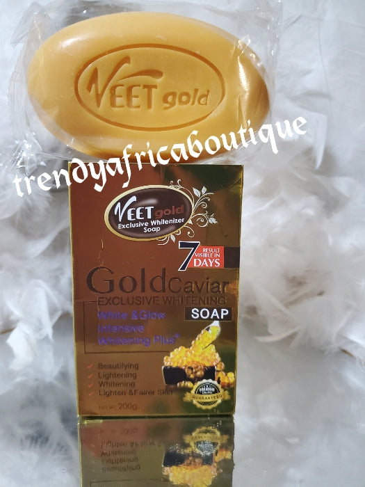 Buy more and save Veet gold  Exclusive gold caviar whitening Glow soap.  White & glow, Clearer, brighter complexion with caviar facial treatment soap with glutathione and alpha arbutin clears pimples, sun burn, wrinkles, & dark circles.. 200g soap.