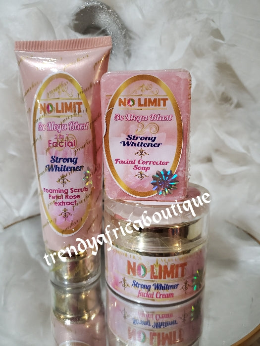 New jar: NO LIMIT 3pcs set. 3x mega blast forming Facial scrub with rose petal extracts, face cream 75gx1  and bar soap. 100% satisfaction.