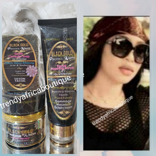 3pc set: Black Gold prestige white facial scrub 10x whitenizer 150mlx1+ Black gold whitening face cream 75g jar and black gold presitge face corrector soap.For severe pimples & black spots /acnes