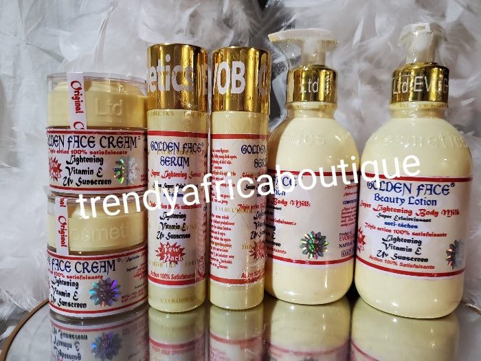 NEW packaging: Combo deal: Original Golden face whitening body milk 250ml x 2 bottles, serum x 2 bottlesand face cream x 2 jar.. Triple action body lotion with vitamin E and carrots extracts. Fades dark spot, acne, pimples. day and night.