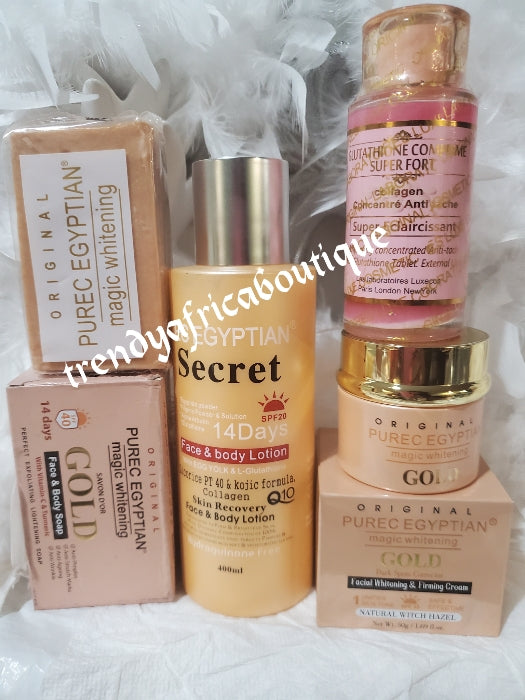 4pc set:  Original Purec Egyptian secret GOLD body milk, Recovery whitening  face & body lotion, face cream, soap & Glutathion Comprime pink serums. AUTHENTIC
