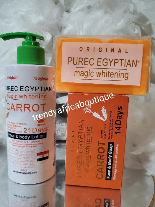 2pcs set lotion + soap. Original Purec Egyptian magic whitening carrot body lotion, carrot, tumeric & vit. C300ml.  & purec carrot soap. Fast action lightening for face and body. Formulated with natural ingredients. Hydroquinone free!!