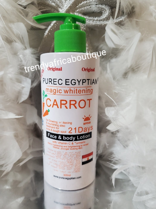 2pcs set lotion + soap. Original Purec Egyptian magic whitening carrot body lotion, carrot, tumeric & vit. C300ml.  & purec carrot soap. Fast action lightening for face and body. Formulated with natural ingredients. Hydroquinone free!!