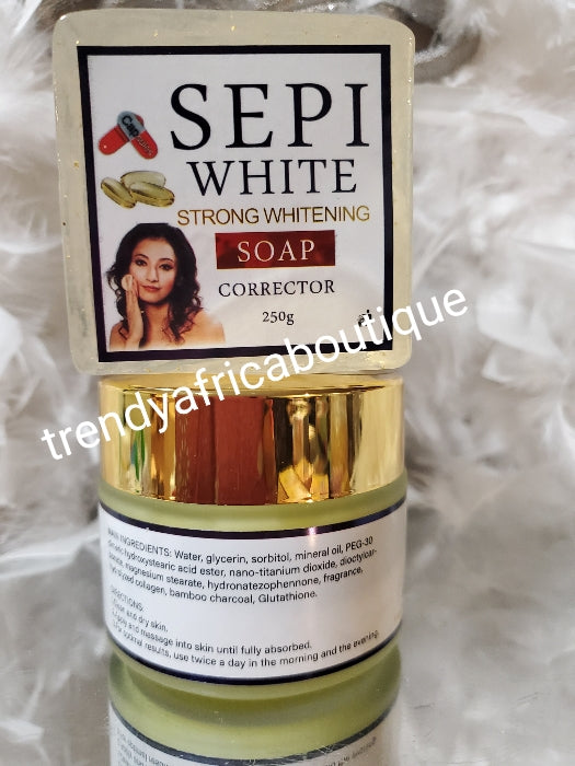 4-teiliges Set SEPI WHITE STRONG Whitening Corrector Körperlotion, Gesichtscreme, Seife und konzentriertes Sepi-Serum. Serum zur Korrektur dunkler Flecken. Super wirksam