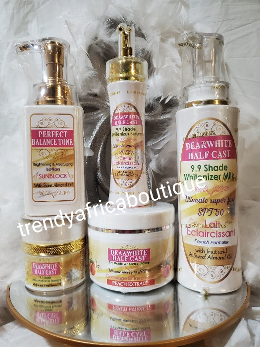 New packaging set:  5pcs set  Dear White Half cast whitenizer body milk super strong 500ml; Face cream 75g, serum 100ml, Ultimate stong  peach body Scrub 350g Plus perfect balance tone lotion! WHOLSALE PRICES Available upon request!!