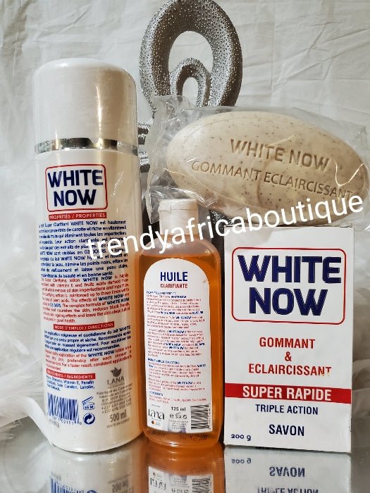 3pcs set: LANA White Now Lait Clarifiant super Rapid whitening body lotion 500ml bottle x1, white Now oil 125mlx 1bottle & exfoliating soap set.. For best results mix half bottle of oil thoroughly into 250ml lotion.