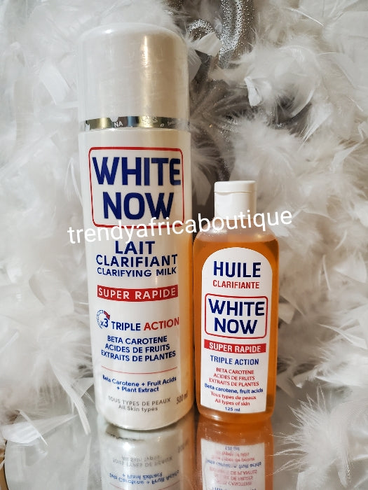 LANA White Now Lait Clarifiant super Rapid whitening body lotion 500ml bottle x1 + white Now oil 125mlx 1bottle. For best results mix half bottle of oil thoroughly into 250ml lotion.