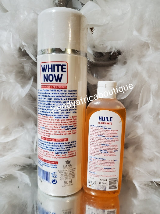 LANA White Now Lait Clarifiant super Rapid whitening body lotion 500ml bottle x1 + white Now oil 125mlx 1bottle. For best results mix half bottle of oil thoroughly into 250ml lotion.