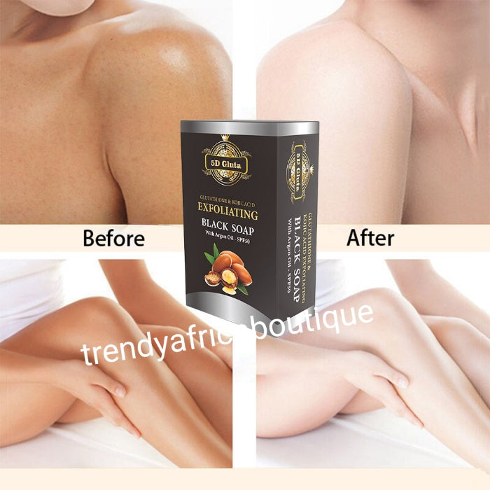 5D Gluta Glutathion and kojic acid exfoliating whitening face and body black soap 200g x 1. Argan oil with spf 50