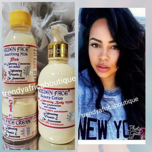 3pcs set: Golden face lightening body lotion, Golden face beautifying milk PLUS; a Super lightening & glowing concentre and Golden face crown Anti tache 100% satisfaction