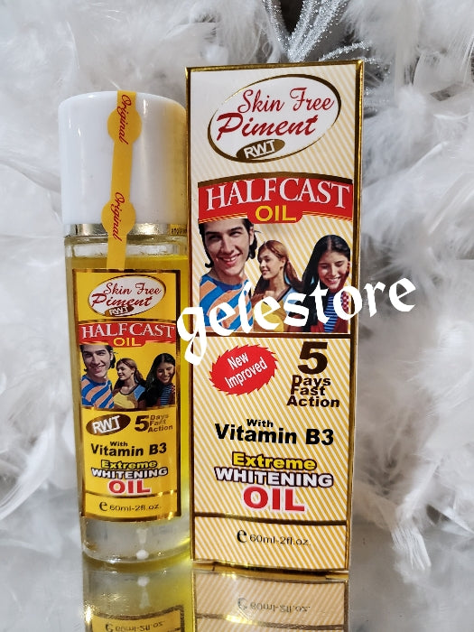 RWT Skin Free piment Half Cast oil 5 days fast action with vitamin B3. EXTREME WHITENING OIL 60ML X 1. Formulated argan extract, vit. A, B & E, GLUTATHION & ARBUTIN, FRUIT ACID, AHA. Extra whitening oil 60ml x 1 boTTLE.