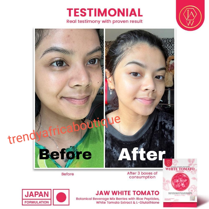 New product alert: Jaw White Tomato mix berries, rice peptides + L-Glutathion. New Japanese advance formula 10 sachet per packet. Clear and brightening skin suppliments.  .