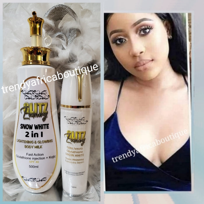 New alert! 5pcs set; Glitz luxury SNOW WHITE body lotion, anti-aging face cream, kojic soap, whitening serum + body repair treatment oil. FAST ACTION whitening combo. FLAWLESS MILKY WHITE COMPLETION!!