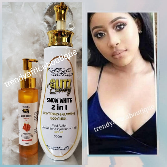 2pcs: Glitzluxury snow whiye 2n1 lightning and glowing body milk & snow White talking oil triple action formular with SNOW white powder & glutathion. Triple action: Results in 5 to 7 days! OSHAPRAPRA