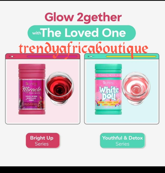 Glow 2gether mit Skandal Miracle Pure White &amp; Skandal White Doll Whitening, Antioxidantien, glattem, jugendlichem, strahlendem Teint, Anti-Akne- und Pickel-Ergänzungsmitteln, jeweils 800 g. Verkauf von 2 Gläsern.